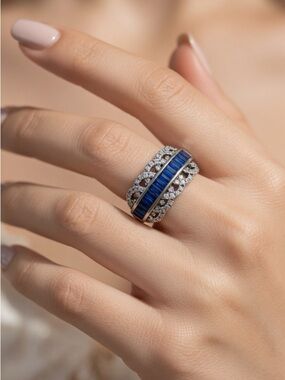Blue Sapphire and Diamond 925 Sterling Silver Ring Anniversary Engagement Band